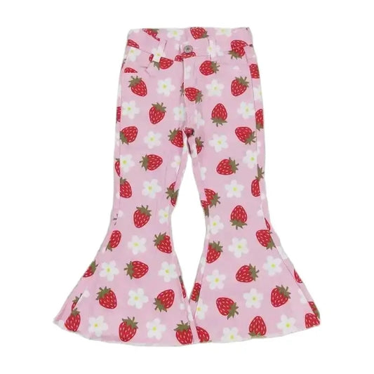 Girls Bell Bottom Denim Pants - Western Pink Strawberry Kids