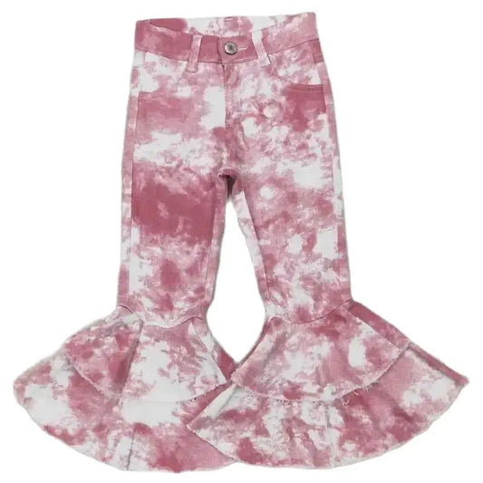 Girls Bell Bottom Denim Pants - Tie Dye Pink White