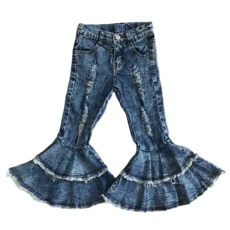 Girls Bell Bottom Denim Pants - Distressed Blue Tiered