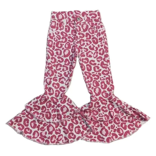 Girls Bell Bottom Denim Pants - Western Pink Leopard Print