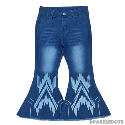 Girls Bell Bottom Denim Pants - Western Blue Geo Kids