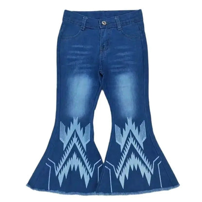 Girls Bell Bottom Denim Pants - Western Blue Geo Kids