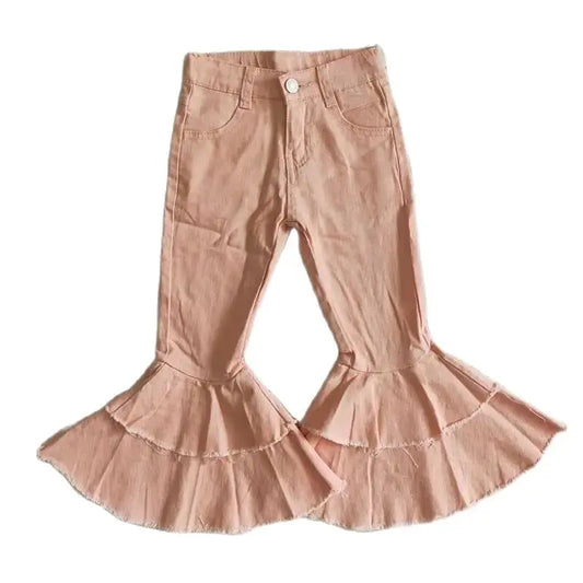 Girls Bell Bottom Denim Pants - Solid Champagne Tiered Kids