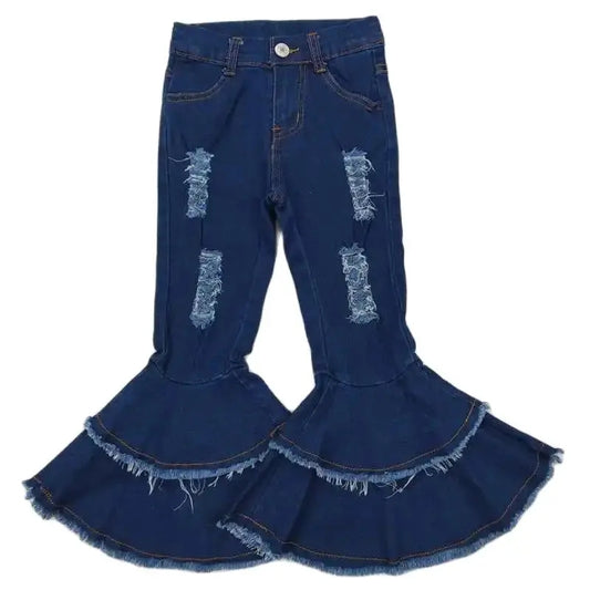 Girls Western Distressed Denim Tiered Flare Bell Bottom JEANS Pants Kids Clothes
