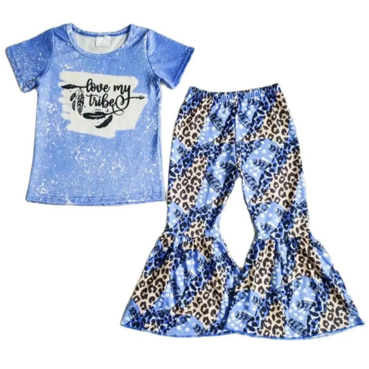 Girls Western Love My Tribe Feathers Leopard Print Bell Bottom Pants Outfit