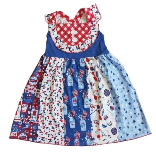 $6.00 Sale 4th of July Button Accent Patchwork Dress