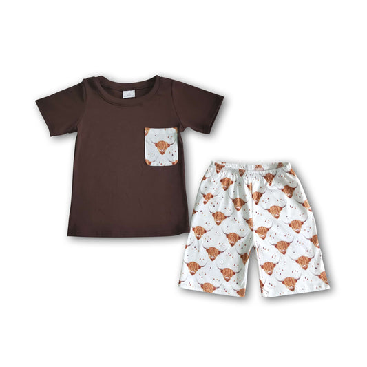 Brown Highland Cow Pocket Tee Boy Western Shorts Summer Set