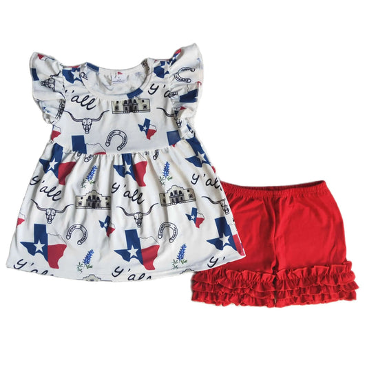 Texas Y'all Western Summer Ruffle Shorts Outfit -Girls -Kids