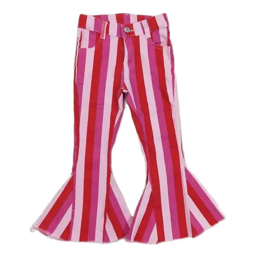 Girls Bell Bottom Denim Pants - Western Multi Stripe Kids
