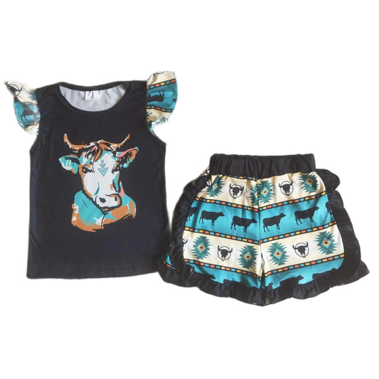 Boho Geo Steer Skull Turquoise Western Ruffle Shorts Summer Outfit