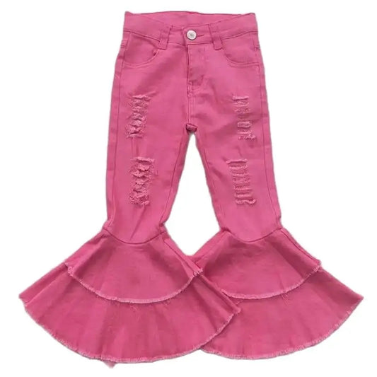 Girls Pink Western Distressed Denim Tiered Flare Bell Bottom JEANS Pants Kids Clothes