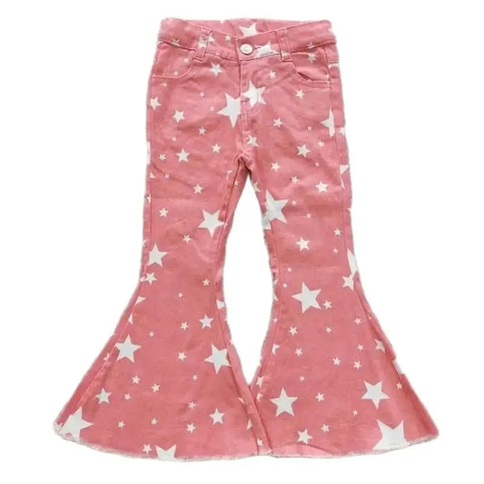 Girls Bell Bottom Denim Pants - Western Pink White Star Kids