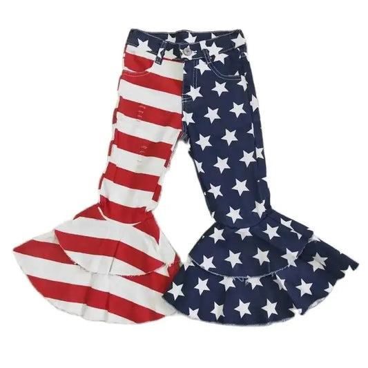 Girls Bell Bottom Denim Pants - American Flag Red White Blue