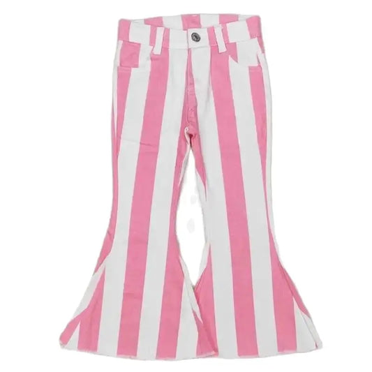 Girls Bell Bottom Denim Pants - Western Pink Stripe Kids