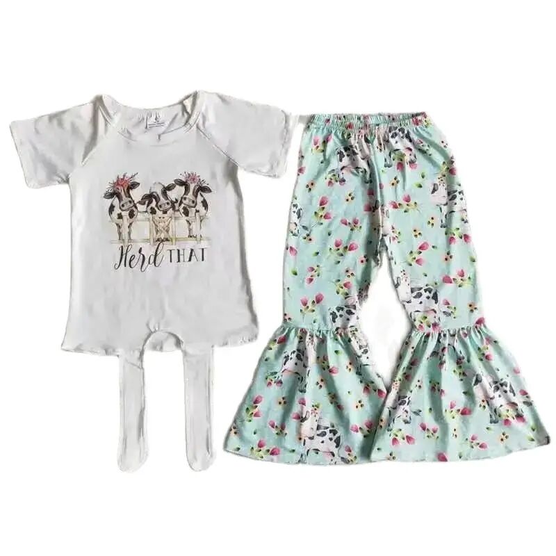 Herd That Floral Cow -Western Bell Bottom Outfit Kids Summer