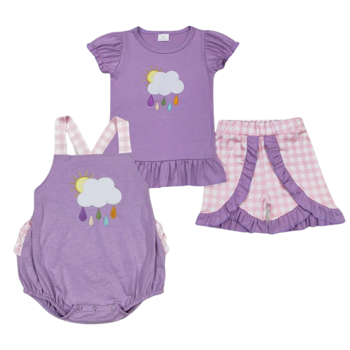 Purple Rainy Day Clouds Applique Baby Girls Bubble Romper
