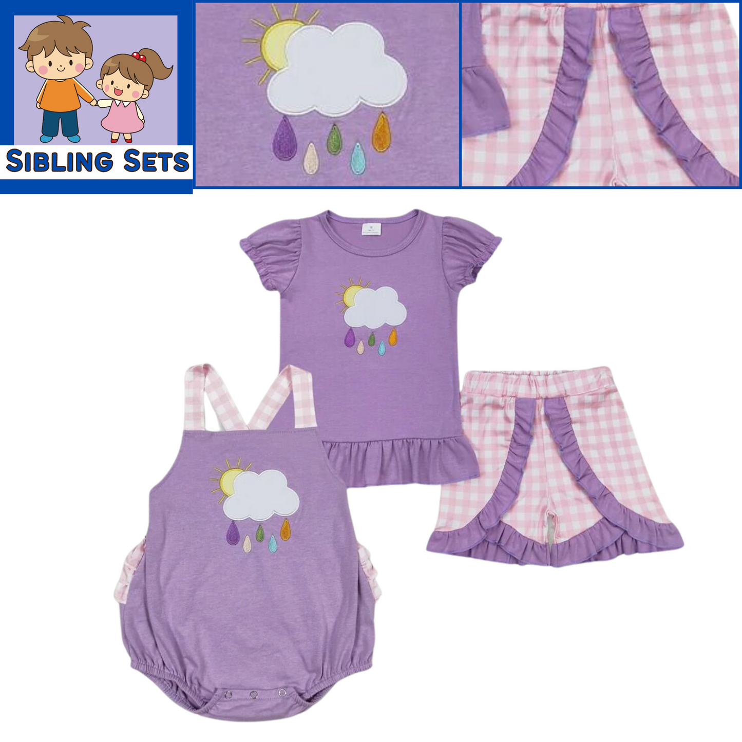 Purple Rainy Day Clouds Applique Baby Girls Bubble Romper