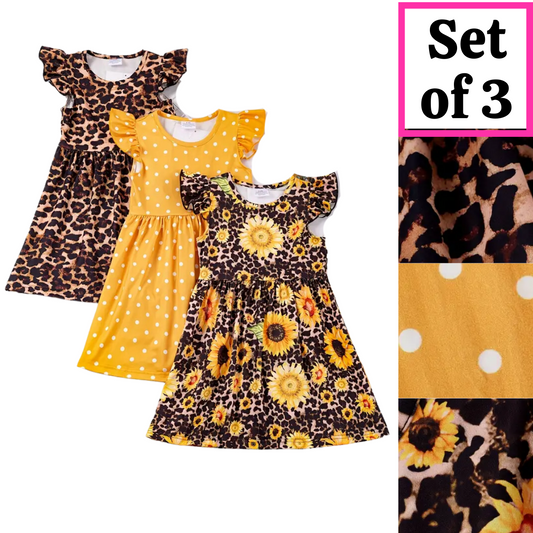 Kids Clothing -  3 Pack of Girl's Ruffle Sleeve Easter Twirly Dresses - Sunflower/Leopard/Dot