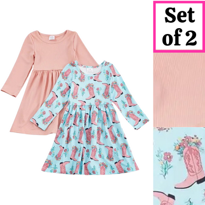 Kids Clothing -  Easter - 2 Pack of Girls Long Sleeve Twirly Dresses - Pastel Pink / Floral Cowboy Boot