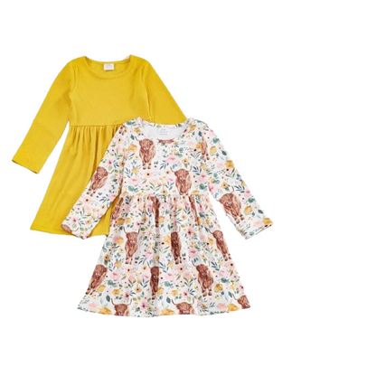 Kids Clothing -  Easter - 2 Pack of Girls Long Sleeve Twirly Dresses - Golden Yellow / Highland Floral Pastel