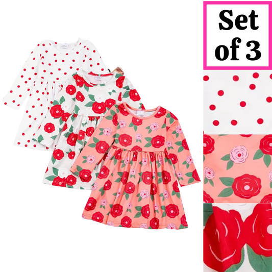 Kids Clothing -  3 Pack of Girls Long Sleeve Twirly Dresses - Bright Floral Dot