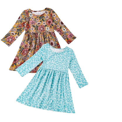 Kids Clothing -  Easter - 2 Pack of Girls Long Sleeve Twirly Dresses - Teal Leopard Print / Golden Floral