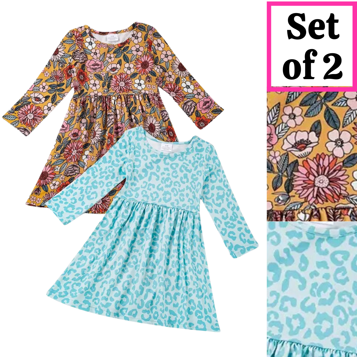 Kids Clothing -  Easter - 2 Pack of Girls Long Sleeve Twirly Dresses - Teal Leopard Print / Golden Floral