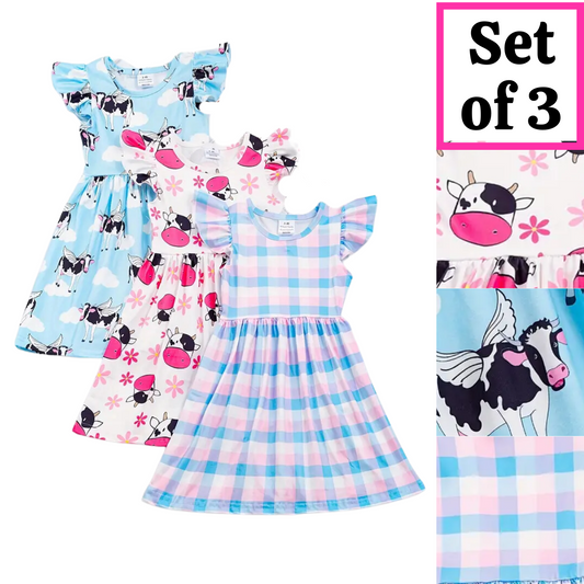 Kids Clothing -  3 Pack Girls Spring Easter Cow Twirly Dress