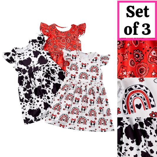 Kids Clothing -  3 Pack Girls Summer Cow Bandana Twirly Dress