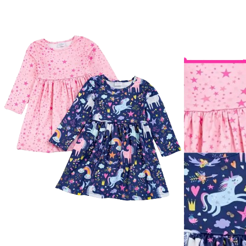 Kids Clothing -  Easter - 2 Pack of Girls Long Sleeve Twirly Dresses - Pink Stars / Navy Unicorn
