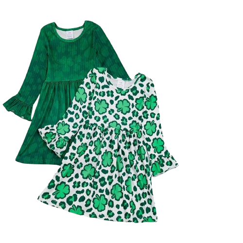 Kids Clothing -  Easter - 2 Pack of Girls Long Sleeve Twirly Dresses - St. Patrick's Day Shamrock Clover Green Ruffle
