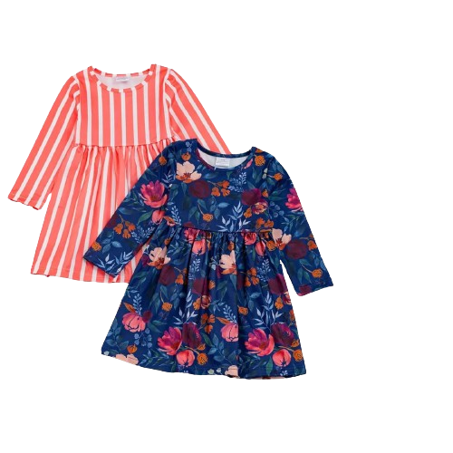 Kids Clothing -  Easter - 2 Pack of Girls Long Sleeve Twirly Dresses - Coral Stripe / Navy Floral