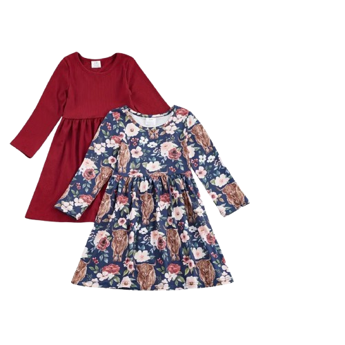 Kids Clothing -  Easter - 2 Pack of Girls Long Sleeve Twirly Dresses - Burgundy Brick Red / Navy Highland Cow Floral