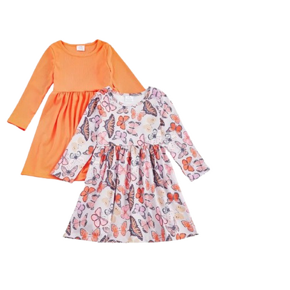 Kids Clothing -  Easter - 2 Pack of Girls Long Sleeve Twirly Dresses - Coral Peach / Pastel Butterfly
