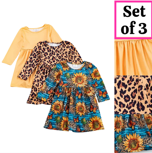 Kids Clothing -  3 Pack of Girl's Long Sleeve Twirly Dresses - Yellow/Leopard Print/Teal Butterfly Sunflower
