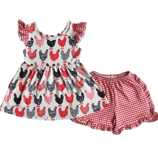 Girls Summer Shorts Outfit - Chicken Farm Plaid Rooster Ruffle