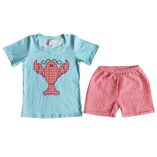 Boys Summer Shorts Outfit - Lobster Crawdad Polka Dot