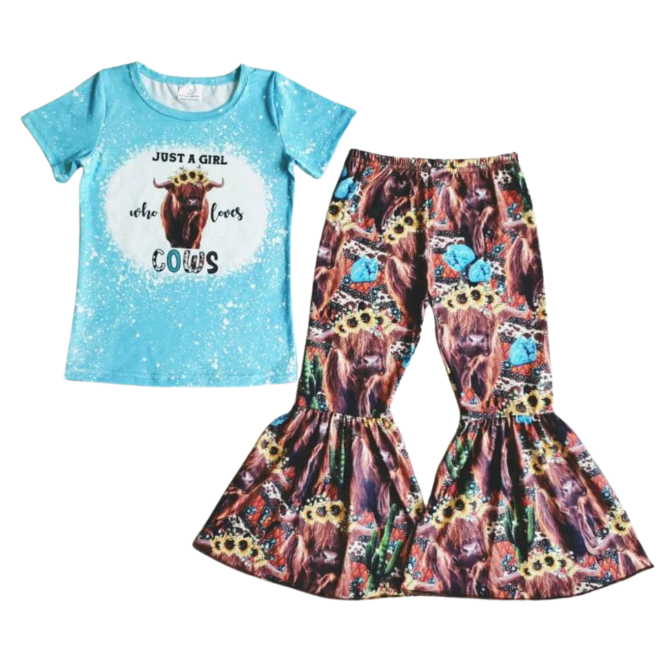 Girl Loves Cow Sunflowers - Western Bell Bottom Outfit Kids