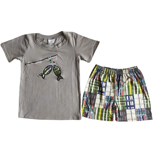 Preppy Plaid Fishing Outfit Colorful Short Sleeve Shirt and Shorts - Kids Clothing