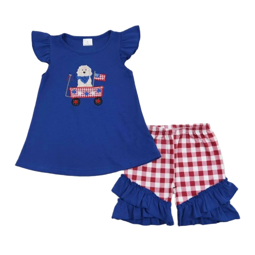 Puppy 4th of July Parade Blue/Red Gingham Girls Short Set
