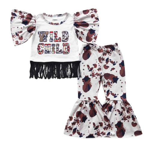 Wild Child Cow Flutter Sleeve Fringe Shirt & Bell Bottoms