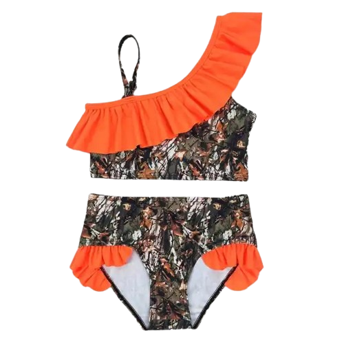 Camo Orange Ruffle - Girls Two Piece Summer Swimsuit Kids
