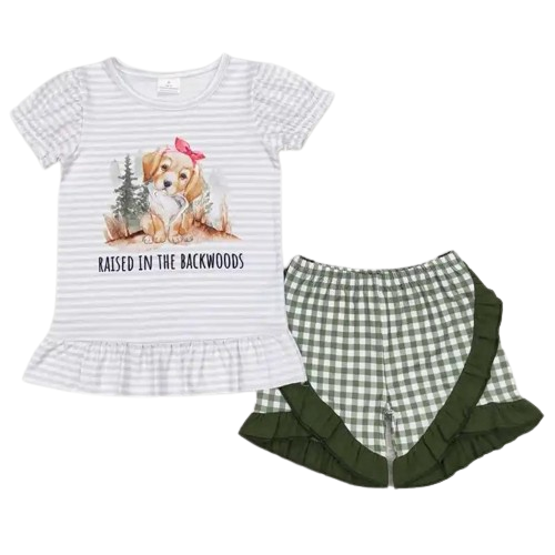 Summer Backwoods Puppy Girls Outfit Western Short Sleeve Shirt and Shorts - Kids Clothes