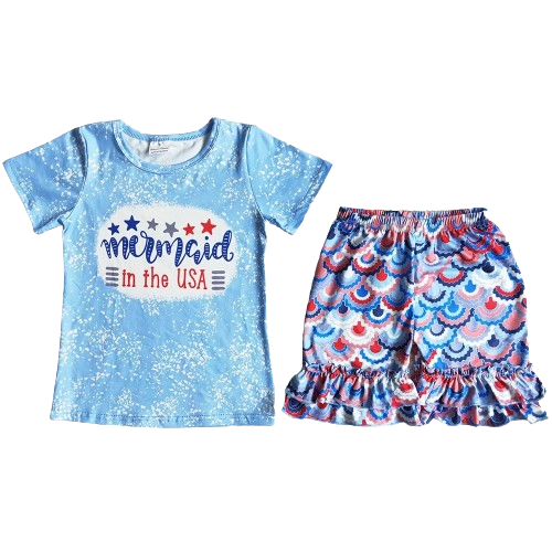 "Mermaid In The USA" Outfit 4th of July Short Sleeve Shirt and Shorts - Kids Clothing