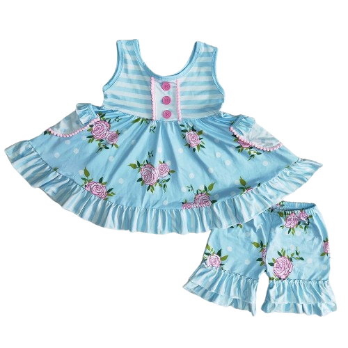 Blue Floral Patchwork Girls Sleeveless Shirt & Shorts - Kids