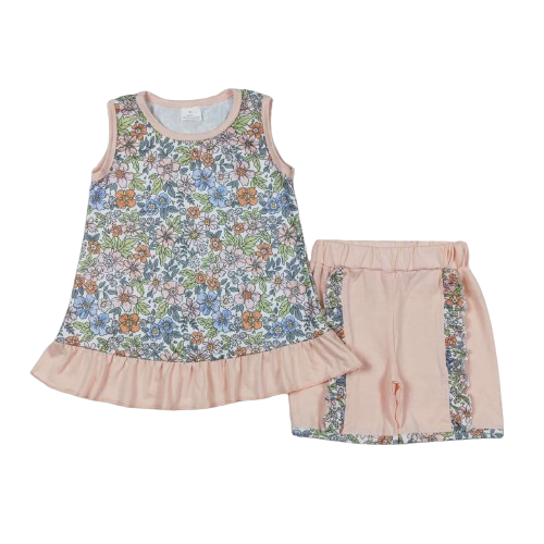 Beige Ruffle Floral Sleeveless Shirt & Shorts - Kids Clothes