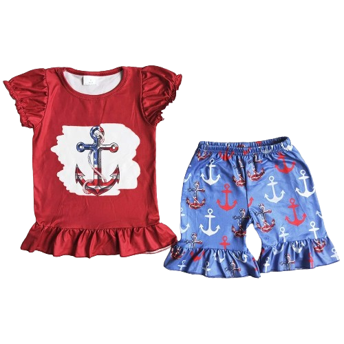 4th of July Anchor - Summer Kids Girls Ruffle Shorts Outfit
