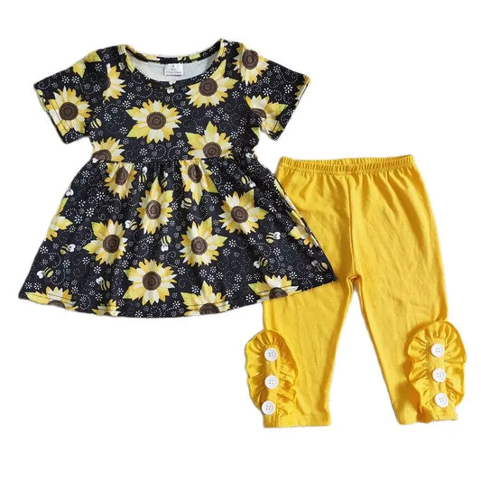 Summer Black and Yellow Sunflower Bee Outfit Western Short Sleeve Shirt and Pants - Kids Clothes