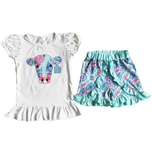 Girls Summer Shorts Outfit - Western Floral Paisley Cow Kids