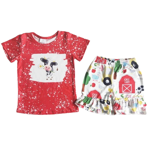 Girls Summer Shorts Outfit - Western Cow Floral Farm Kids